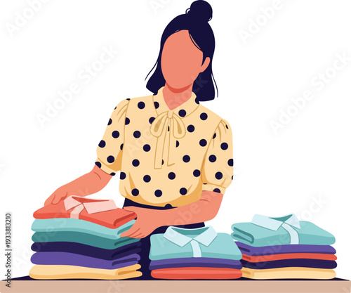 Woman neatly folding colorful clothes at home suitable for lifestyle blogs, cleaning guides, organization tips, and laundryrelated articles or designs.