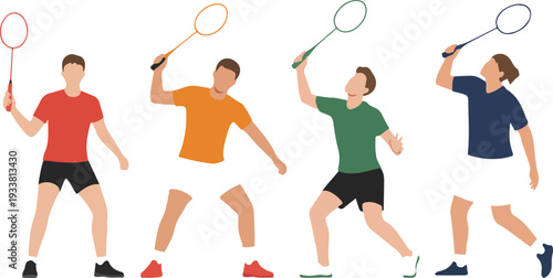 "Dynamic Badminton Action with Male and Female Athletes Performing Jump Smashes in Sport Vector Illustration Set"