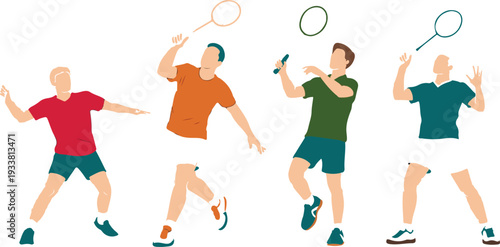 "Dynamic Badminton Action with Male and Female Athletes Performing Jump Smashes in Sport Vector Illustration Set"