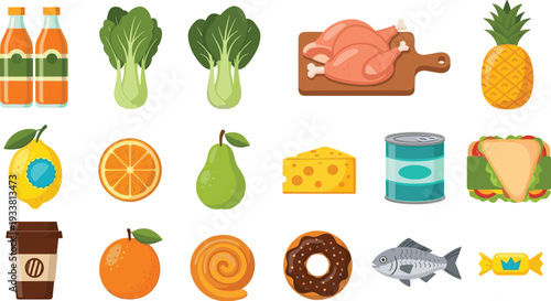 Food and Grocery Vector Icon Set with Roast Chicken, Pineapple, Cheese, Fish, Citrus Fruits, Vegetables and Beverage Collection