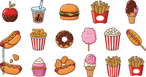 Fast Food and Street Snack Vector Icon Set with Burger, Fries, Hot Dog, Popcorn, Donut, Ice Cream and Bubble Tea