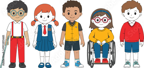 "Inclusive Children with Disabilities Character Set Featuring Kids with Prosthetic Legs, Wheelchairs, and White Canes in Vector Style"