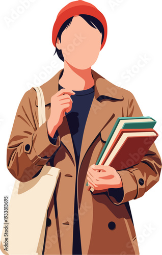 Person with coat and hat holding books, perfect for winter reading, education, studying, cold weather fashion, literary themes, and library concepts.