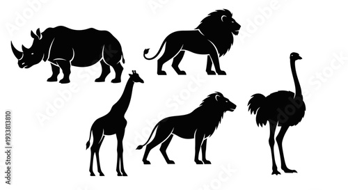 African Safari Animals Silhouettes Set - Rhino, Lion, Giraffe, Ostrich Icons