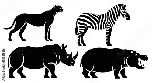 African Safari Animals Silhouettes: Cheetah, Zebra, Rhinoceros, Hippopotamus Icons