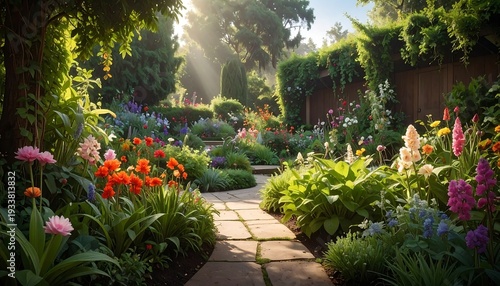 Wallpaper Mural A sun-dappled, flourishing garden path leads through vibrant flowerbeds to a wooden fence. The morning light streams through the trees Torontodigital.ca