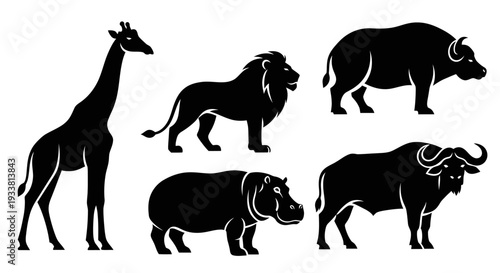 African Safari Animals Silhouettes Set: Giraffe, Lion, Hippo, and Buffalo Wildlife Collection