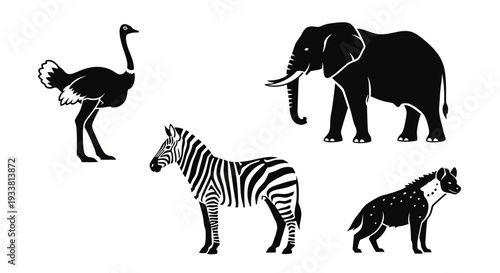 African safari animals silhouettes set: ostrich, elephant, zebra, and hyena