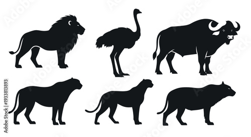 African Wild Animals Silhouettes Set Isolated on White Background