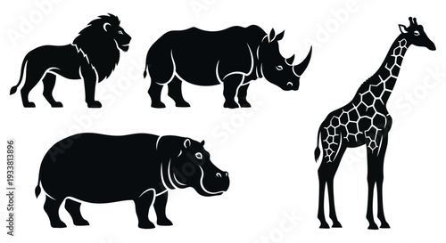 African Wild Animals Silhouettes Set: Lion, Rhino, Hippo, and Giraffe Vector Icons