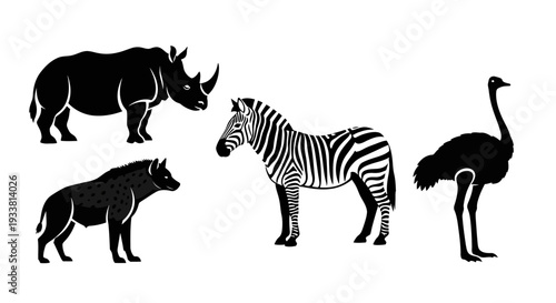 African Wildlife Silhouettes Collection: Rhino, Hyena, Zebra, Ostrich on White