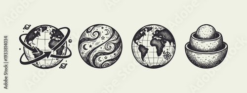 Vintage Earth and Cosmic Hand-Drawn Illustrations Set