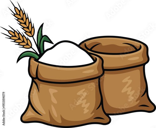"Agricultural Food Supply Set Featuring Sacks of Flour and Wheat Grain in Detailed Vector Illustration