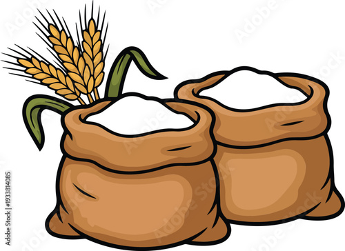"Agricultural Food Supply Set Featuring Sacks of Flour and Wheat Grain in Detailed Vector Illustration