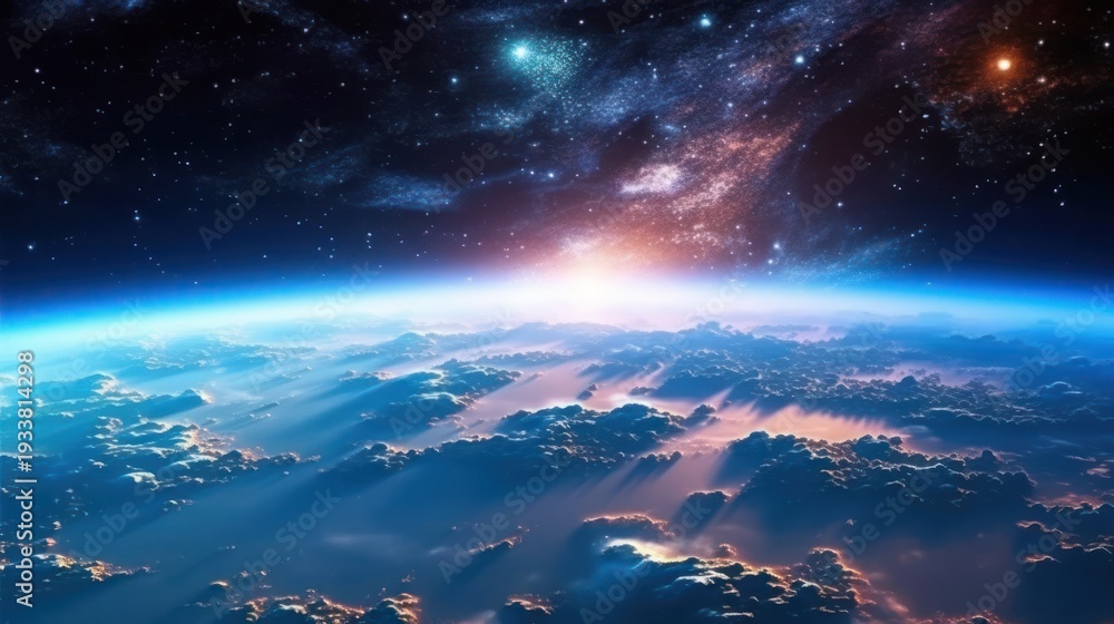 Fototapeta premium Stunning Sunrise Over Earth From Space With Nebula And Stars.