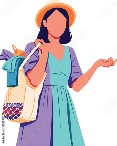 Elegant woman poses with hat and bag, gesturing hand. Ideal for fashion blogs, summer promotions, lifestyle brands, and female empowerment.