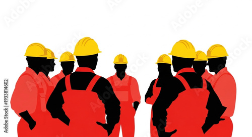 Construction workers gathered together wearing hard hats and safety vests.