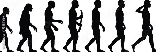 Human evolution silhouette sequence from primitive ancestor to modern man isolated black vector illustration showing progress development and history concept on white background