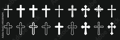 Christian cross icon set, featuring Latin cross silhouettes, faith symbols, and religious vector illustrations isolated for church and spiritual design projects.