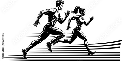 Running man and woman, isolated vector silhouettes. Run, side view. Silhouettes of athletic looking male and female runners running. Transparent background EPS version.
