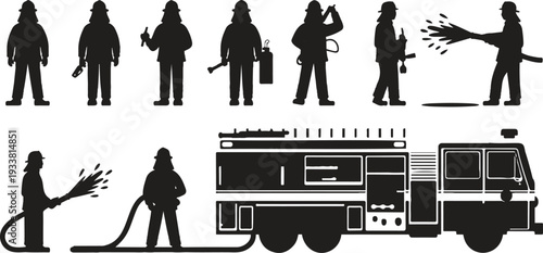 "Firefighter Team with Fire Truck and Water Hose Rescue Service in Dynamic Vector Illustration Set"