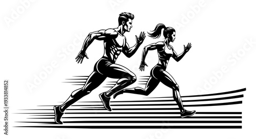 Running man and woman, isolated vector silhouettes. Run, side view. Silhouettes of athletic looking male and female runners running. Transparent background SVG version.