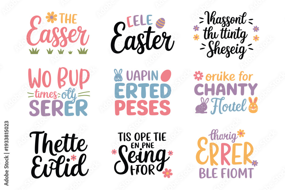 Fototapeta premium Easter typography colorful illustrations with flowers and bunnies