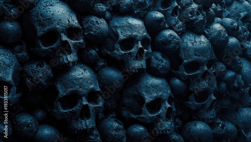 Close-up of a wall of skulls, creating a chilling, unsettling, and morbid visual