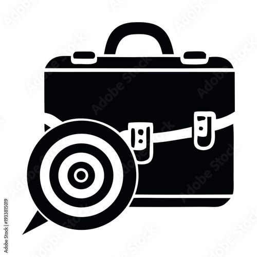 Business Briefcase and Target Icon Vector Illustration, Professional Career Goals and Corporate Strategy Concept, Black and White Flat Silhouette Graphic for Marketing and Success