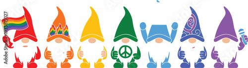 Pride Month Website Header Featuring Rainbow Gnome Characters, LGBTQ Equality Symbols, and Navigation UI Layout in Vector Illustration