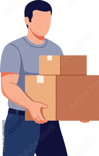 Ideal for concepts of delivery services, moving houses, postal services, and package handling. Shows man in blue carrying cardboard boxes.