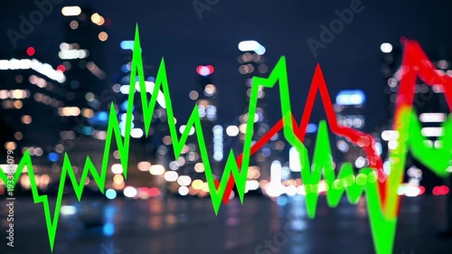 Green and red lines representing stock market data fluctuate over a blurred night cityscape background, creating a visual representation of market volatility