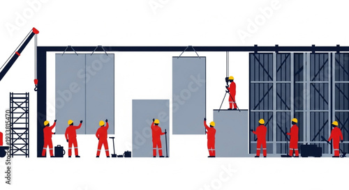 Construction workers building large industrial structure with crane.