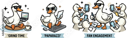 Cute White Duck Character Vector Illustration Set Featuring a Professional Duck Working on Laptop with Coffee, a Paparazzi Duck with Camera and Headphones, and a Celebrity Duck with Fans Taking Photos
