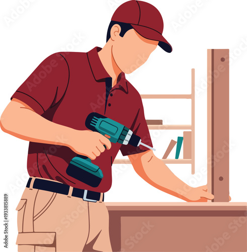 Faceless man in a red cap using a drill on furniture. Suitable for home improvement and diy project concept designs.