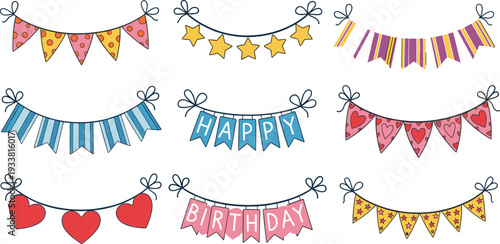 Set of Colorful Birthday Party Banners with Stars, Hearts, and Happy Birthday Pennants for Celebration Decoration, Greeting Cards, and Event Design