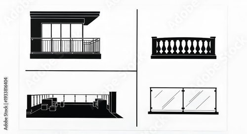 Architectural drawings of a balcony with railing details
