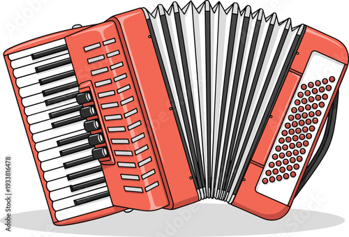 Red accordion musical instrument illustration with piano keys, button rows, and expanded bellows, symbolizing traditional folk music, performance, rhythm, and cultural sound design artwork.