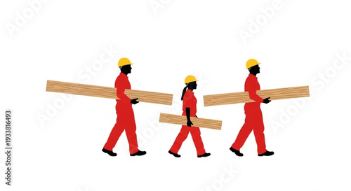 Construction Workers Carrying Wooden Planks.