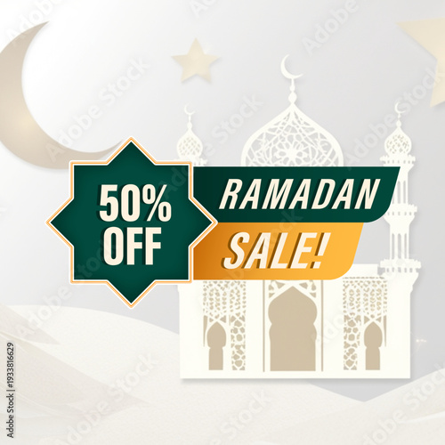 Festive Ramadan Sale Promotion Offering 50% Off Special Savings for Holiday Shopping and Celebrations. Ideal for Banners and Marketing Materials