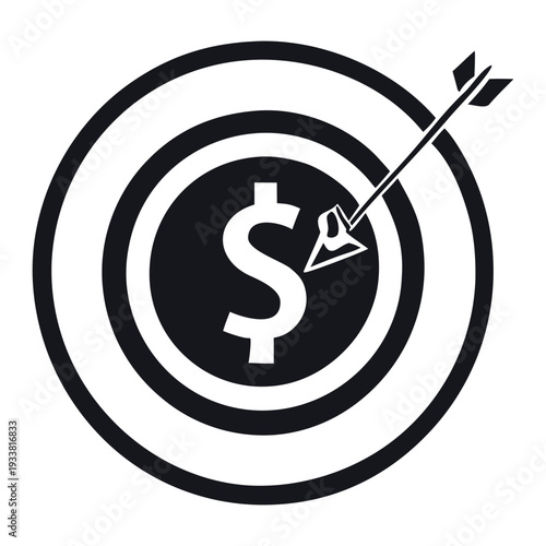 Black and White Financial Target Vector Illustration with Dollar Sign and Arrow Hitting Bullseye for Business Success, Investment Strategy, and Marketing Goals Concept