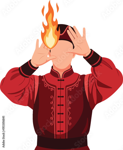Person in red conjuring fire above head, symbolic of power, magic. Suitable for fantasy, supernatural, or mystical themed designs.