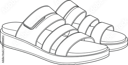 Detailed black and white line art illustration of fashionable open‑toe sandals with multiple straps and thick sole, ideal for footwear catalog, fashion design, and product branding.