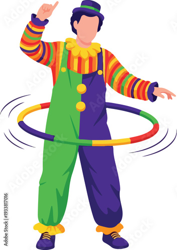Clown entertainer in vibrant outfit twirls hula hoop joyfully. Ideal for circus promotions, event advertisements, and childrens party decorations.