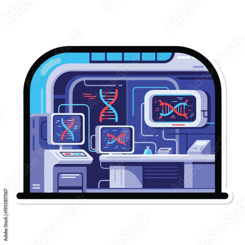 Scientists analyze DNA structures on multiple computer screens in a futuristic laboratory environment from a moderate viewpoint