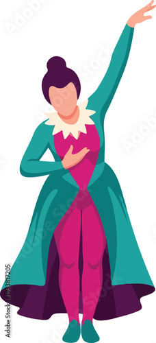 Woman dancing elegantly in a costume and gown, perfect for designs, posters, art prints, or dance event promotions. Glamorous and captivating performance.