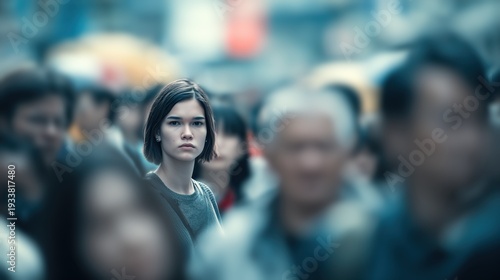 Isolated Woman in Crowded City with Urban Emotional Copy Space