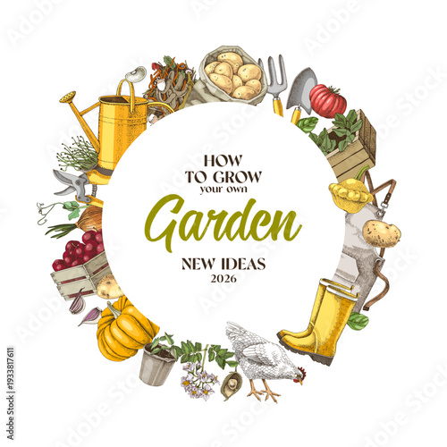 Gardening tools and plants vector banner