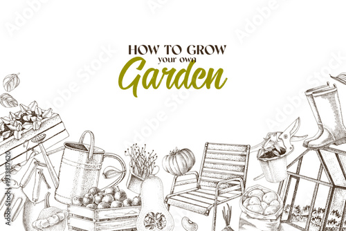 Sketched background with gardening tools