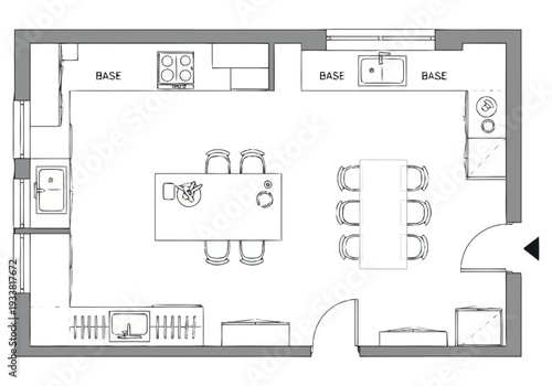 Modern Kitchen Floor Plan Layout With Island And Dining Area For Contemporary Home Design Concepts furniture icons interior design architecture